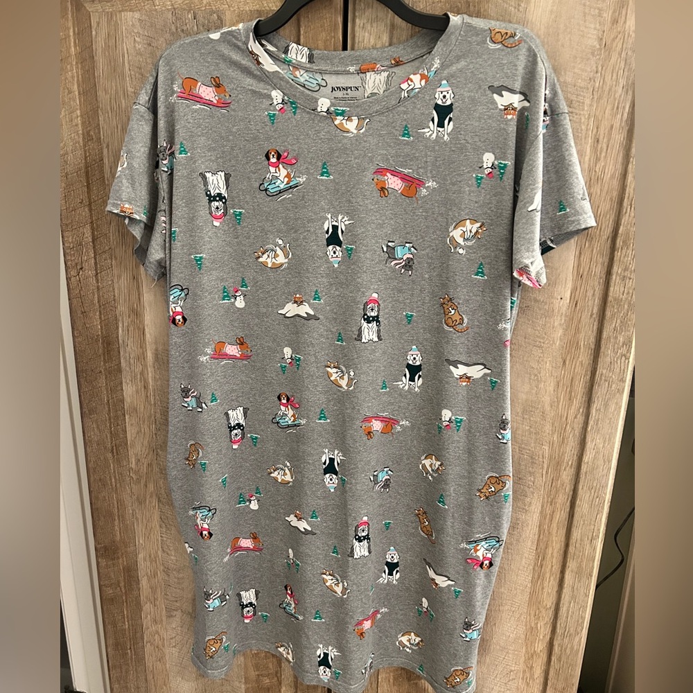 Joyspun L XL Gray sleep shirt winter Cat Dog print snowman poly spandex POCKETS!